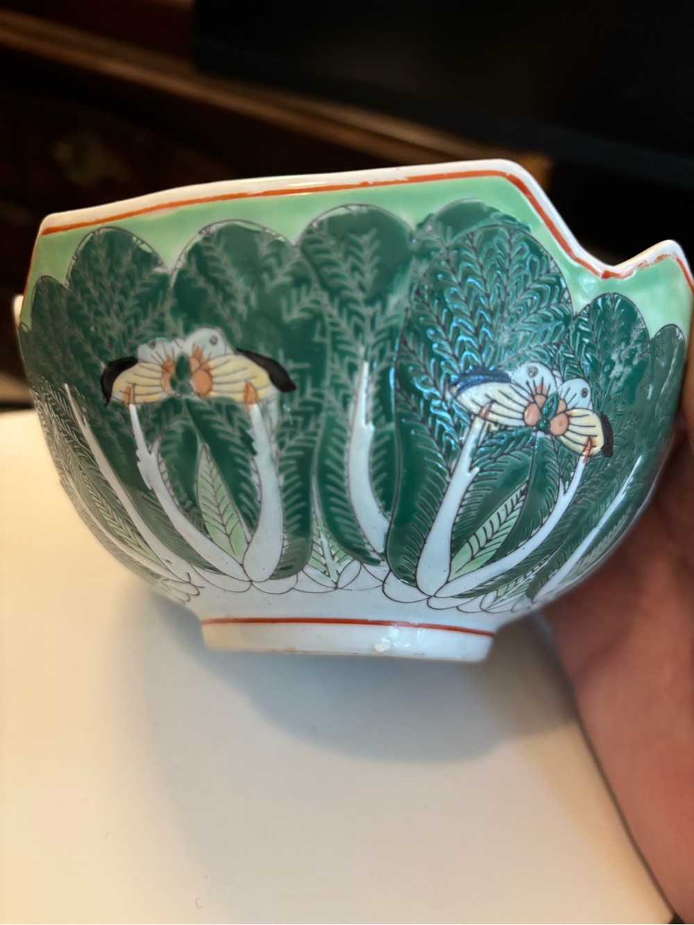Vintage Chinese Bok Choy -Painted Floral & Bird Porcelain Serving Bowl - Picture 5 of 9